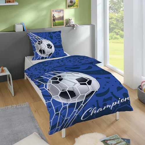 Familando Fußball Bettwäsche Set Decke 135x200 Kissen 80x80 cm aus 100% Baumwolle mit Reißverschluss · Oeko-Tex Bettwäsche, Blau mit Ball im Tor · weiche Kinderbettwäsche, Maschinenwaschbar