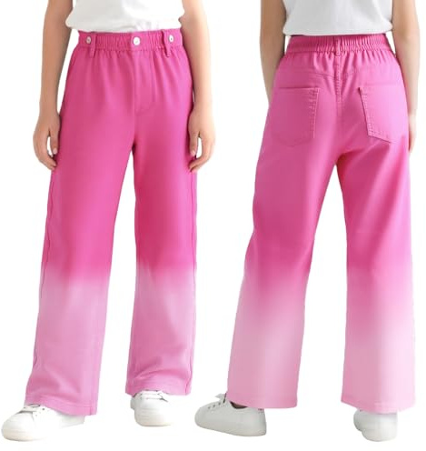 Domueay Mädchen Jeans Kinder Baggy Denim Hosen Wide Leg Hose Elastische Bequeme Weites Bein Jeanshosen mit Elastischem Bund Modern Mode Pants Teenager Kleidung für 11-12 Jahre, Gr.152, Rosa