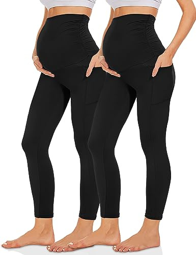 Missluck Umstandsleggings Blickdicht Damen Schwangerschaft Leggings Lang Mammy mit Taschen für Yoga(Schwarz*2,L)