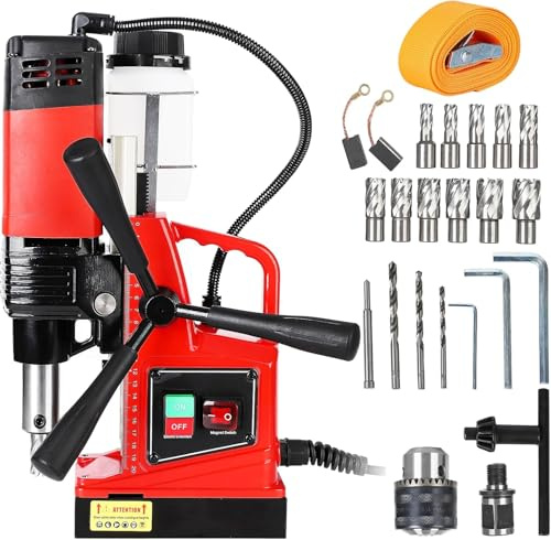 Magnetbohrmaschine Tischbohrmaschine 11-Teiliges Set, Tragbare Kernbohrmaschine Magnetbohrer Doppelspur 810 U/Min 1300W, 2922lbf Kraft, Max. Bohrdurchmesser 4 Cm für Bohr In Kupfer Aluminium Industrie