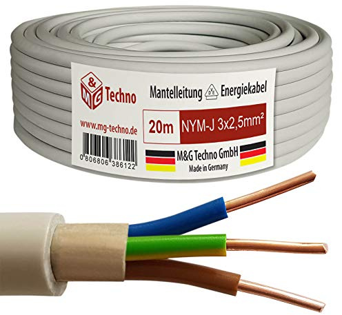 M&G Techno 20m NYM-J 3x2,5 mmІ Mantelleitung Feuchtraumkabel Elektrokabel Kupfer Made in Germany, grau, 10386