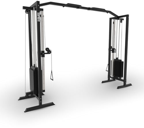 SUPRFIT - Kabelzug Fitness Kraftstation für zuhause inkl. Steckgewichte bis 81kg Zuglast pro Seite - Robuste Kabelzugstation mit Klimmzugsstange & Griffen für Diverse Übungen im Homegym - 298x216cm