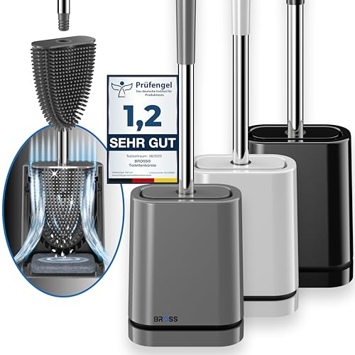 BROSS® Klobürste Silikon - Patentierte Toilettenbürste - Klobürste Grau - WC Bürste & Klobürstenhalter mit Wandmontage & TurboTrocknung - Innovativ & Antibakteriell - 1er Set