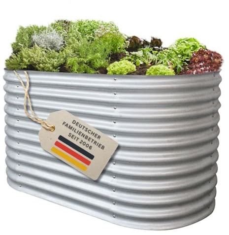 RS Trade Hochbeet Rimini XL Metall oval 200x100x82 cm für draussen, verzinktes Stahl Pflanzbeet, Gemüsebeet Wellblech wetterfest, stabil, extra breit und hoch, Balkon Terrasse Garten, Silber, Outdoor