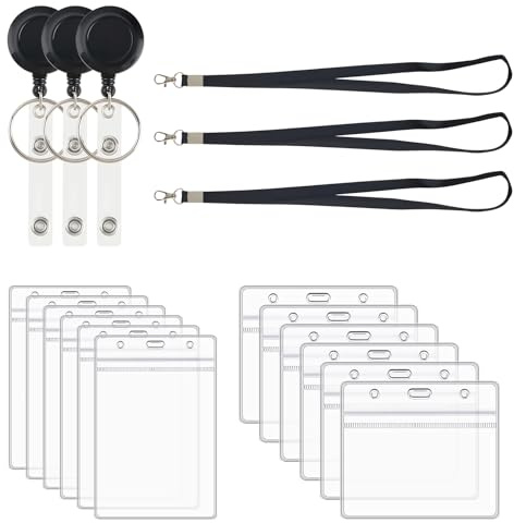 Ausweishülle mit Band Set 18 Stück Transparente Kartenhülle mit Band | Kartenhalter, Ausweishülle, Fahrkartenhülle Kinder,ID Card Holder,Lanyard & Einziehbarem Schlüsselanhänger (Hartplastik)