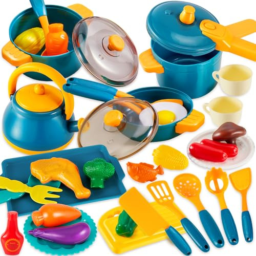 LINFUN KIDS Kinderküche Zubehör Spielküche Topfset Kinder Küche Lebensmittel Spielzeug Plastik, Kinder Matschküche Geschirr Zubehör Rollenspiele Geschenk für Jungen Mädchen ab 3 4 5 Jahren