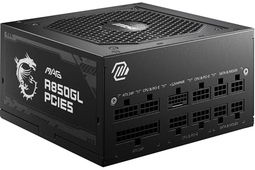 MSI MAG A850GL PCIE5-850W 80 Plus Gold Netzteil | Voll modular, ATX 3.0, unterstützt PCIe 5.0 GPU, 120mm FDB Lüfter mit dynamischen Kugellager