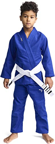 IPPONGEAR BJJ GI Brazilian Jiu Jitsu Kinder/Einsteiger Anzug inkl weißem Gürtel [Größe M2 I Pearl-Weave Material I 350gr/m² Stoffdichte I Reißfestes Material mit versiegelten Nähten] blau