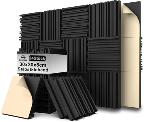 HERTBER 24 Stück Akustikschaumstoff Selbstklebend, Schwarz Gerillte Akustikpaneele 12 x 12 x 2 Zoll, Hohe Dichte Wandpaneele für Schalldämmung, Schallschutzplatten für Gaming Zimmer und Büro