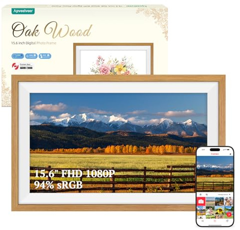 94% sRGB Frameo Digitaler Bilderrahmen 15.6 Zoll Groß Elektronischer Bilderrahmen WLAN, 1920 * 1080 FHD IPS Touchscreen, Fotos Videos über Frameo APP Teilen, Geschenke für Frauen Männer, Eichenholz