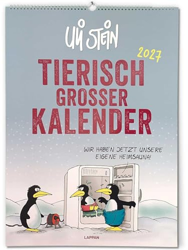 Uli Stein Kalender 2027 - Tierkalender „Tierisch großer Kalender“ - Wandkalender im Hochformat mit Spiralbindung - Monatskalender mit lustigen Cartoons - 43,5 x 59,5 cm - 5 Postkarten als Extra