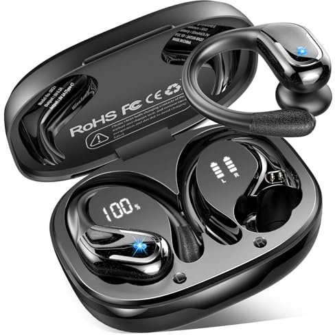 Rulefiss Bluetooth Kopfhörer Sport, 75Std Kopfhörer Kabellos Bluetooth 5.4 | HiFi Stereo Tiefer Bass Wireless Earbud, ENC Noise Cancelling, IP8 Wasserdicht USB-C LED-Anzeige in Ear Ohrhörer mit Ohrhaken