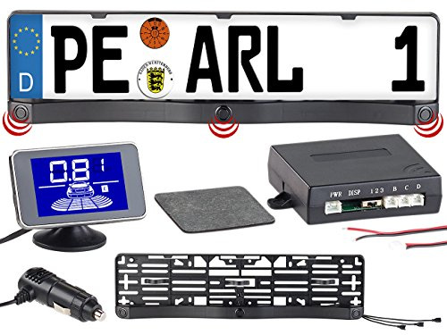 Lescars Rückfahrhilfe: Funk-Ultraschall-Einparkhilfe in Kennzeichen-Halter, mit LCD-Display (Einparkhilfe ohne Bohren, Parksensoren, Kfz)