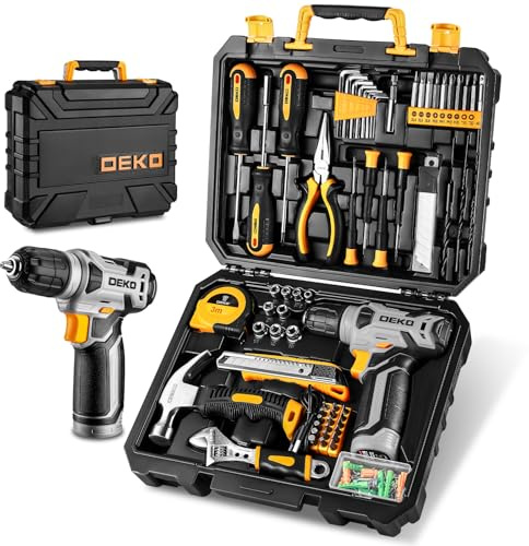Werkzeugkoffer gefüllt DEKO 126-teilig mit 8V Akku-Schrauber/Bohrschrauber, professionelles Werkzeug-Set für Heimwerker & Handwerker, kompakter Koffer mit Zubehör, Grau