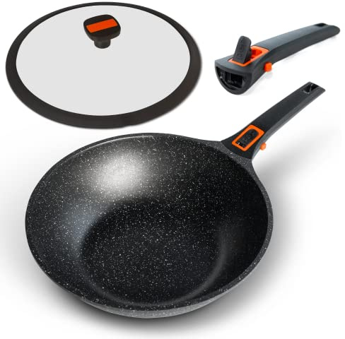Pep Induktions-Wok, antihaftbeschichtet, mit Deckel und abnehmbarem Griff, induktionsgeeignet, funktioniert auch auf Gas- und Elektroherden, 29 cm