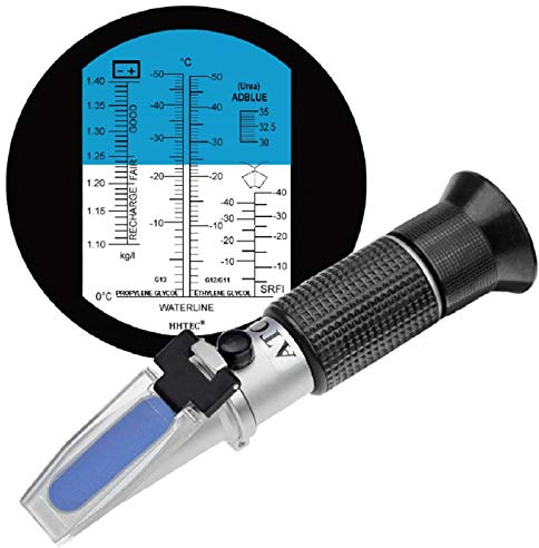 HHTEC Frostschutz Refraktometer 4-in-1 – Kühlmittel, Batterie, Scheibenwasser & AdBlue prüfen – KFZ Tester für Auto Wartung mit ATC