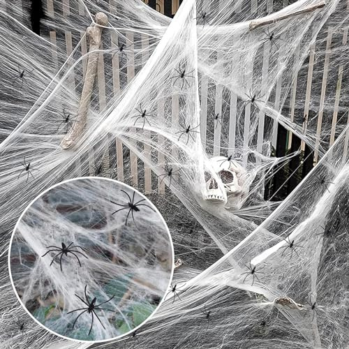 Halloween Deko Spinnennetz, 200g Weiß Outdoor Spinnweben Dekoration Mit 40 Horror Schwarz Spinnen 1000m²Indoor Groß SpiderWeb gruselig Decoration Für Innen,Außen,Häuser,Garten,Spukhaus & Party Zubehör