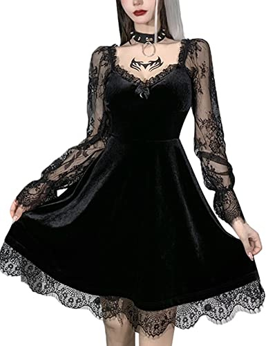 Damen-Kleid im Gothic-Stil, Lolita-Spitzenkleid, Langarm, kurz, Schwarz, Retro, Punk, Puffärmel, A-Linie, ausgestellt