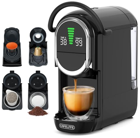 CAFELFFE Automatische Kaffeepadmaschine, 4-in-1-Kapselkaffeemaschine mit einstellbarer Temperatur und 7 voreingestellten Brühzeiten, 19-Bar-Espressomaschine für NES/DG/ESE/gemahlenen Kaffee, schwarz
