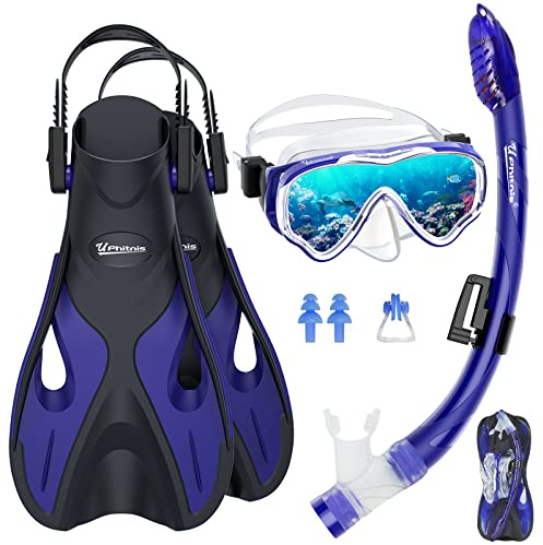 UPhitnis Schnorchelset Kinder mit Flossen,Anti-Fog 180°Panorama Taucherbrille Kinder, Verstellbaren Schwimmflossen und Premium Dry Schnorchel,3 in 1 Schnorcheln Set für Kinder mit Tragetasche