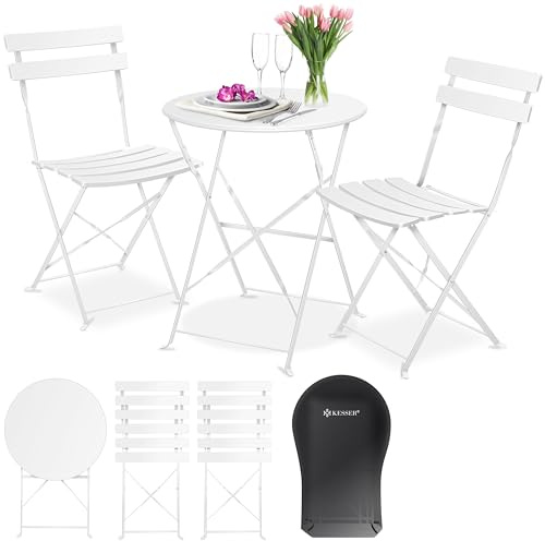 KESSER® Bistroset 3-teilig | Bistrotisch 2 klappbare Stühle Balkonset Balkonmöbel Klapp-Möbel Gartenset Sitzgarnitur Gartengarnitur Gartenmöbel Sitzgruppe Metall | Gartentisch mit Abdeckung Weiß