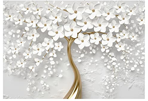 WallArena - Vlies Fototapete Blumen 3D Effekt weiß gold Baum 368x254 cm - Fototapeten - Tapeten - für Wohnzimmer Schlafzimmer - Vliestapete Wandtapete Tapete 3D Effekt- inkl. Kleister
