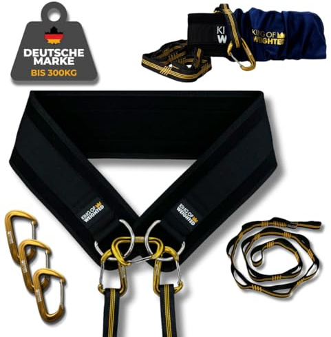 King of Weighted Dip Belt, wettkampf-konformer Dip Gürtel mit Seil + 3 Karabiner, Gewicht Gürtel für Calisthenics, Streetlifting, Krafttraining, Bodybuilding, Gewichtheben - 300kg Belastbarkeit (M)