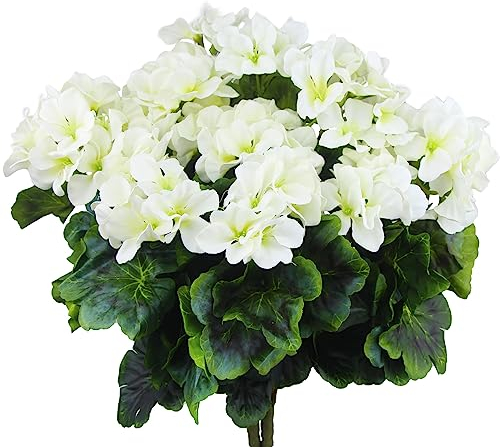 FAICOIA Künstliche Geranien für den Außenbereich, Seide, Geranien, Blumen, weiß, künstliche Geranien, Kunstblumen, Geranien, Zweig für Garten, Terrasse, Grab, Friedhof, Vase, Tisch, Tafelaufsatz,