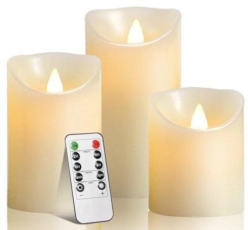Biyanuo LED-Kerzen, flammenloses kerzenlichter，10,2 cm, 12,7 cm, 15,2 cm, Echtwachskerze, Stumpenkerze, Fernbedienung mit 10 Tasten, mit 24-Stunden-Zeitschaltuhr