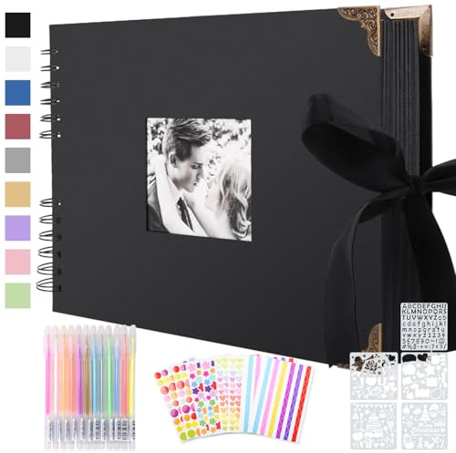 Fotoalbum zum Selbstgestalten 30x21 cm, Fotobuch zum Selbstgestalten mit 80 Schwarze Seiten, Platz für 160 Fotos, DIY Groß Zum Einkleben Scrapbook Set für Jahrestag Valentinstag mit Protektkegeln