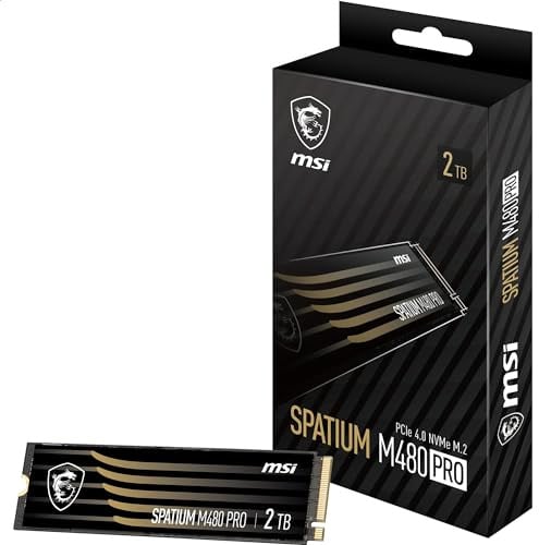 MSI SPATIUM M480 PRO SSD 2 TB – PCIe 4.0 NVMe M.2 interne SSD, 7400 MB/s Lesen & 7000 MB/s Schreiben, 3D NAND, integrierte Datensicherheit, Center – 5 Jahre Qualität (1400 TBW)