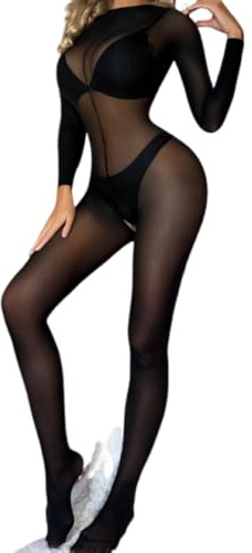 Damen Sexy Durchsichtig Netzstoff Bodystocking Langarm Aushöhlen Bodysuit | Transparent Bodycon Jumpsuit Schulterfrei Teddy Dessous Nylon Ganzkörper Strumpfhose Reizwäsche Elastisch Full Body Stockings