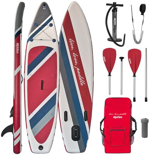 ALPIDEX SUP Board 320x76x15cm bis 200kg Aufblasbar Stand Up Paddling Set | Doppelpaddel, Tragetasche, Finnen, Luftpumpe, Leash, Repair Kit, Stabil, Leicht, Anfänger, See, Fluss, iSUP, Wassersport