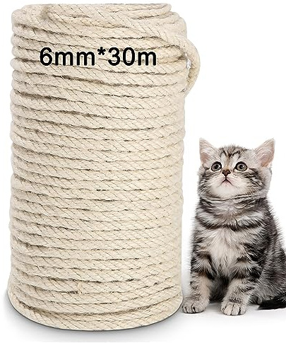 Sisalseil für Kratzbaum 6mm(30 Meter) natürliches Weiß Sisalseil Mehrzweckseil Seil Sisal für Katzen kratzbaum Katzen-Kratzbaum Ersatz und Zubehör für Haushalt,Kratzseil,Garten,DIY