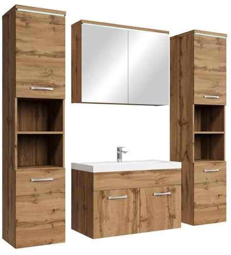 Badplaats Badmöbel Komplettset Paso XL LED 80 x 40 cm Eiche - Badezimmermöbel mit Waschbecken, Spiegelschrank und 2 Badezimmerschränke