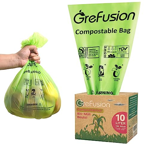 GreFusion Biomüllbeutel 10 Liter x 100 biologisch abbaubarer Folienbeutel Kompostierbare Abfallbeutel