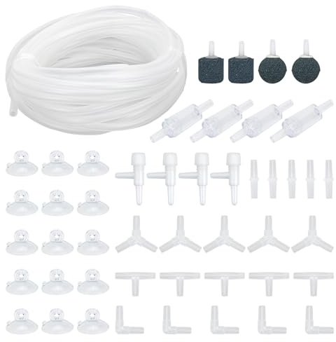 Dondeen 48Stück Air Luftpumpe Zubehör Aquarium Zubehör inkl 6M Transparente Silikonschlauch Sauerstoff Stein Rückschlagventilen Regelbare Ventile Saugnäpfen und I/T/L/Y Form Anschlüssen (Weiß 6m-1)