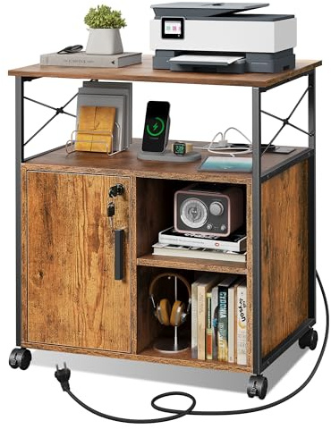 DEVAISE Druckertisch mit Ladestation, Rollcontainer mit Rollen und offenen Ablagen, Druckerschrank abschließbar für Büro und Home Office, Retro Braun