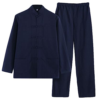 G-LIKE Herren Chinesischer Traditioneller Kampfkunstanzug Kung Fu Tai Chi Klassisches Tangzhuang Langarmhemd Hose Trainingsuniform Trainingsanzug, navy, S