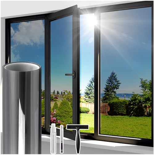Windimiley Fensterfolie Sonnenschutz Spiegelfolie Fenster Sichtschutz, Blickdicht von Aussen Sonnenschutzfolie 44.5x200cm, Selbsthaftend UV-Schutz Hitzeschutz Wärmeschutzfolie für Büro Schwarz-Silber
