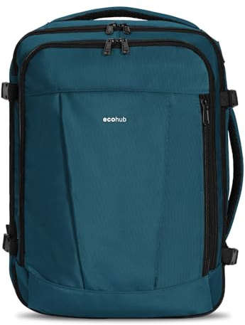 ECOHUB Handgepäck Rucksack Unter-Sitz, Ryanair Easyjet Personal Item Rucksack mit 13 Taschen, Leichter Reiserucksack aus Recyceltem PET für Flugreisen, Damen Herren, 40x30x20 cm 24L(Blau Grün)