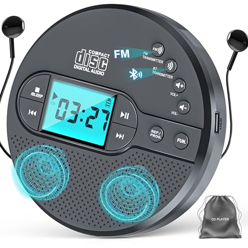 Discman-CD-Player mit Bluetooth-FM-Transmitter, Kopfhörern, LCD-Bildschirm, AUX, integriertem Lautsprecher, USB-Anschluss, 2000mAh wiederaufladbarer CD-Player tragbarer mit Anti-Skip-Schutz