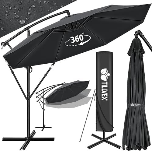 tillvex Alu Sonnenschirm + Abdeckung Ø 300 cm mit Kurbel | Ampelschirm mit Ständer & Windschutz | Gartenschirm UV-Schutz Aluminium | Kurbelschirm Marktschirm wasserdicht 360° drehbar Anthrazit