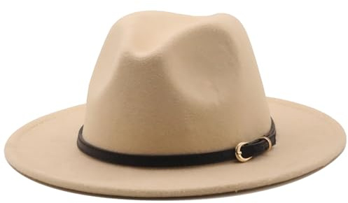 HEYANN Damen Herren Klassische Fedora Hut mit breiter Krempe mit Gürtelschnalle Filz Unisex Trilby-Hut Herren Panama Hut Jazz Hut für Damen Herren (L, Beige)