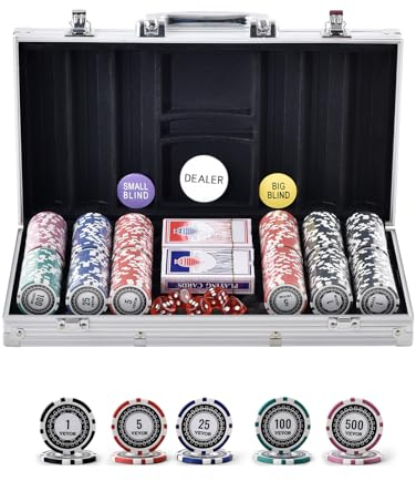 VEVOR Kunststoff Pokerchip-Set, 300-teiliges Pokerset, Komplettes Pokerspielset mit Alu-Pokerkoffer, Karten, Knöpfe und Würfel, Komplett Set 7-8 Spieler für Texas Hold'em, Blackjack, Glücksspiel usw.