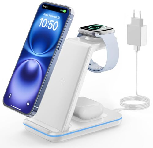 GEEKERA Wireless Charger, 3 in 1 Induktive Ladestation für iPhone Air/17/16/15/14/13/12/11/Pro Max, Ladestation für Apple Watch Ultra 3-1/11-2/SE, Kabelloses Ladegerät für AirPods Pro 3-2/4-2, Weiß