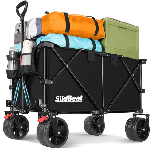 SLIDBEAT XXL Bollerwagen Faltbar 220L 200KG, Faltbarer Bollerwagen mit Bremsen, Getränkehalter Verstellbarem Griff Klappbollerwagen mit All Terrain Rädern Für Camping Outdoor Garten Shopping