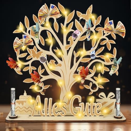 Johiux LED Geldgeschenke Verpackung,Personalisierte Geldgeschenke Geburtstag aus Holz,Geldgeschenk Hochzeit,Geldbaum Geldgeschenke Geburtstag für Männer Frauen,Lebensbaum Wunscherfüller Geldgeschenk