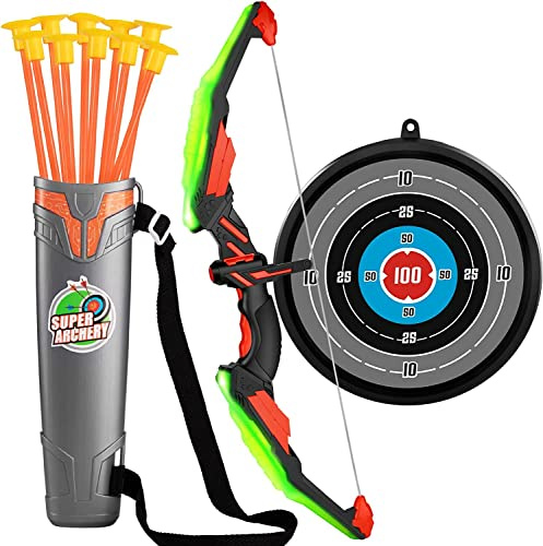 KIZJORYA Pfeil und Bogen Set, LED Licht Bogenschießen Spielzeugset zum Spielen im Freien, 10 Saugnapfpfeile, 1 Zielscheibe, 1 Köcher, 1 Bogen, Geschenk für Kinder, Jungen im Alter von 4–6 8–12 Jahren
