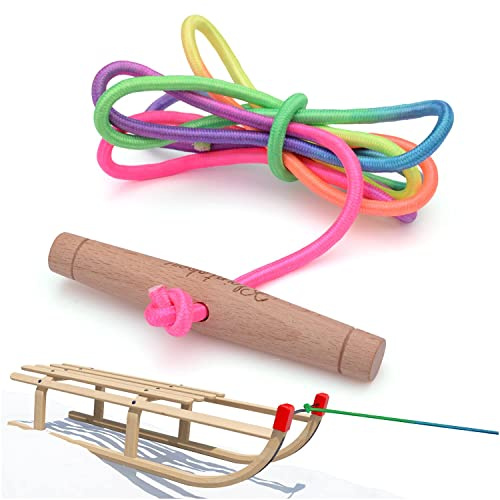 KLEINTOBER Premium Schlitten Leine I Schlittenseil mit Griff I extra lang 180cm I Regenbogen Farbe I für Rodel, Bob, Porutscher I Birke Griff extra breit I Zugleine Schlitten I Kordel 5mm Durchmesser